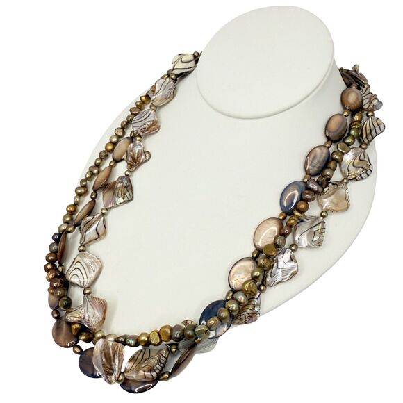 Abalone Shell Fresh Water Pearl Layered Necklace 23" Variegated Beaded Nautical - Picture 4 of 10